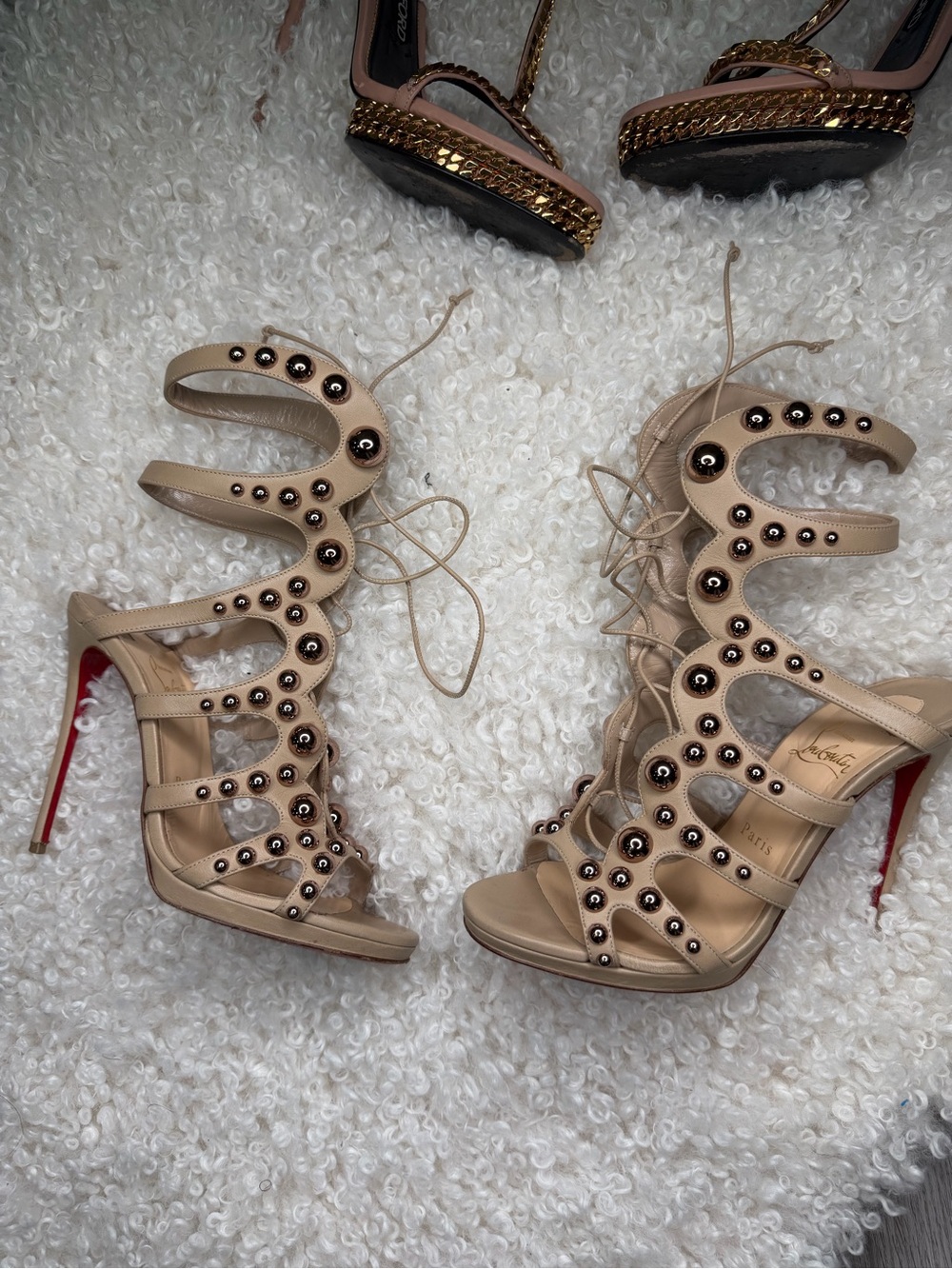 Christian Louboutin Beige Studded Lace-Up Stiletto Sandals